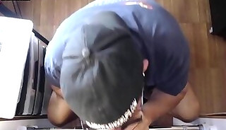 Gloryhole gray DILF tugging partner while giving blowjob