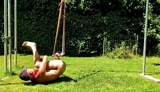 naked pathetic slave outdoor tied up at gay balls in handcuffs, CMNM