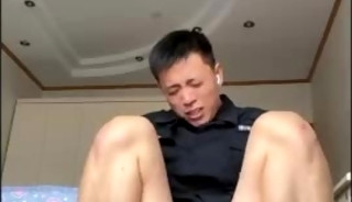 Chinese straight plays his asshole with toys