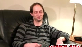 Handsome hunk jerks off his throbbing dick after interview
