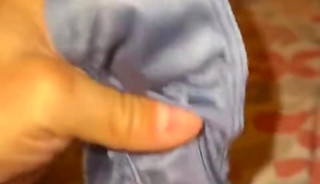 Blue satin thong cum