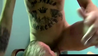 Tattooed skinny dude gets his cock sucked by older gay