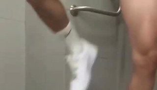 Fit Korean guy is having fun in public restroom