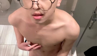 Asian Twink Jerks Off In Public Restroom Stall - Almost gets caught