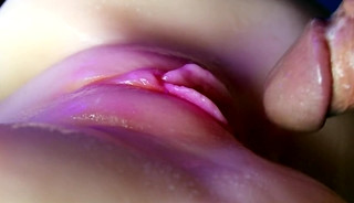 Juicy pussy close-up absorbs a portion of sperm from a big cock and slurps!
