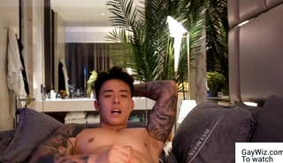 Hot Asian man jerked off at home alone