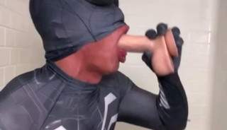 Hunky power bottom Spider-Man fucks himself with dildo