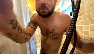 Hung Tattooed Man Wanking While Showering