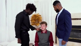 Nerd boy gets pounded and spit-roasted by two black cocks